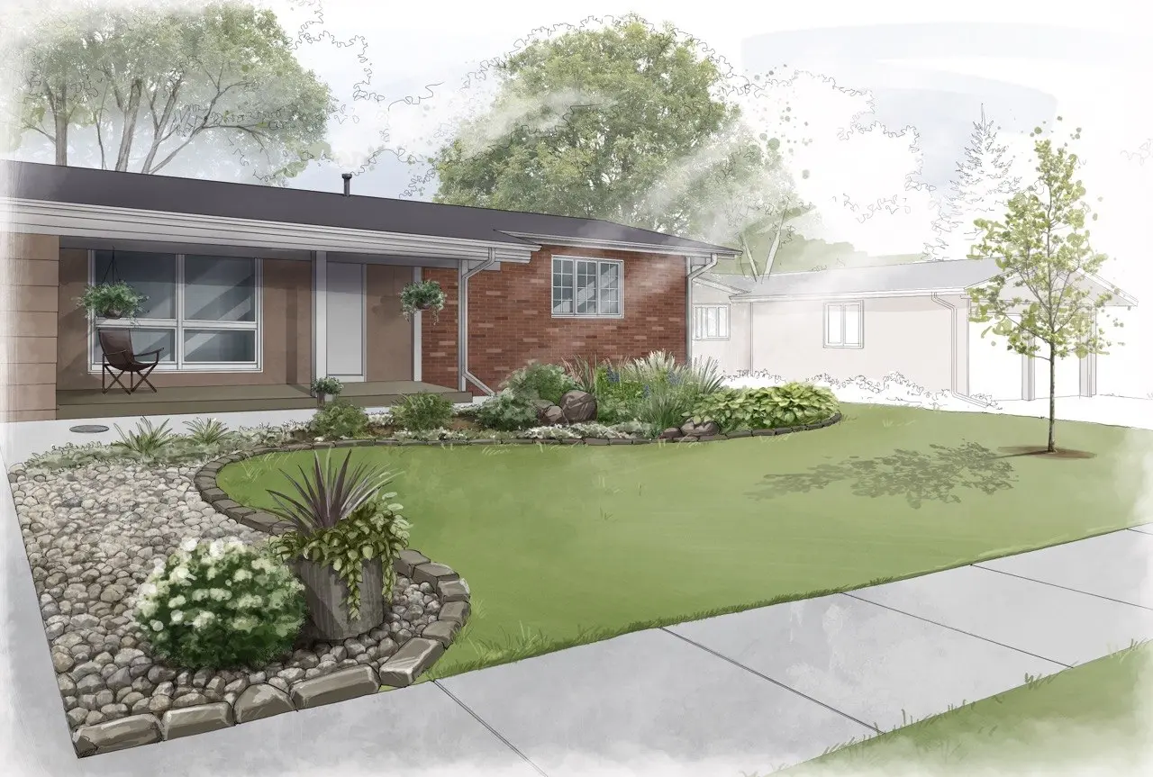 Landscape rendering showing the full front-yard composition